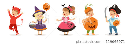 Cute Children in Halloween Costume Celebrate Holiday Vector Set 119066971
