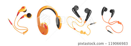 Earphones and Headphones as Wired and Wireless Audio Equipment for Music Listening Vector Set 119066983