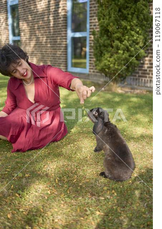 a young plus-size woman plays with her pet rabbits in the garden of a student dormitory 119067118