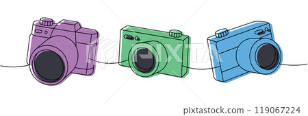 Film photo camera with lens one line colored continuous drawing. Professional photo equipment. Vector linear illustration. 119067224