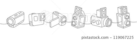 Photo camera set one line continuous drawing. Professional video and action camera, old photo camera. Vector linear illustration. 119067225