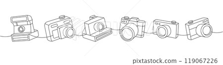 Photo camera set one line continuous drawing. Instant and polaroid camera, film photo camera with lens. Vector linear illustration. 119067226