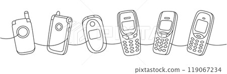 Retro phones one line continuous drawing. Mobile flip phone, old mobile phone. Vector linear illustration. Retro phones one line continuous drawing. Mobile flip phone, old mobile phone. Vector linear illustration. 119067234