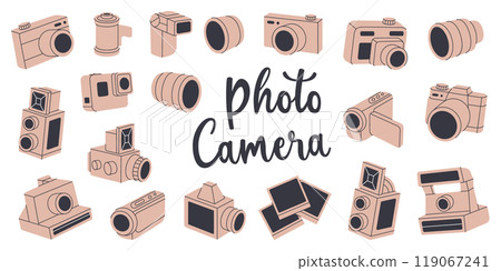 Camera set. Professional photo equipment. Video and action cam, instant camera, film strips, photo frames, external flash. Camera set. Professional photo equipment. Video and action cam, instant camera, film strips, photo frames, external flash. 119067241