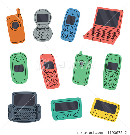 Retro phones set. Mobile phone from the 90s. Retro electronic devices. Mobile with buttons, phone with keypad, flip mobile, pager, beeper, cell phone. 119067242
