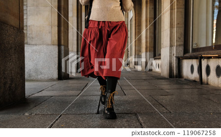 Woman In Red Skirt Walking In Autumn City Woman In Red Skirt Walking In Autumn City 119067258
