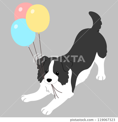 一隻簡單可愛的邊境牧羊犬嘴裡銜著氣球的插圖，沒有主線 119067323