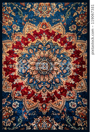 Persian carpet with detailed geometric floral design 119067381