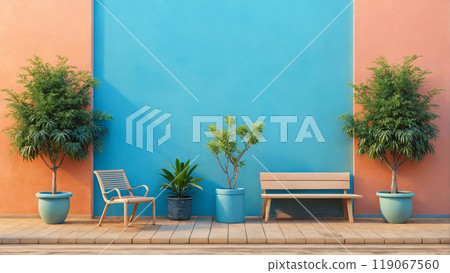 South courtyard with blue and peach color wall. Beautiful stylish bright building facade background 119067560