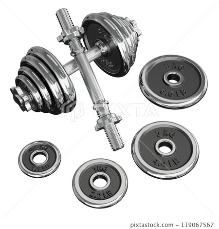 Chrome Adjustable Dumbbel and one taken apart. Rod handle, weight plates 119067567