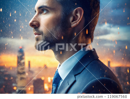 businessman looking out the window at evening city. Bearded handsome Man in suit and tie 119067568