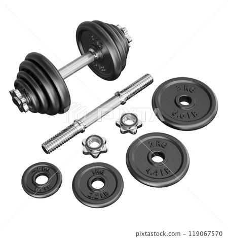Black Adjustable Dumbbel and one taken apart. Rod handle, weight plates, locks 119067570