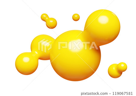 Yellow abstract liquid metaball shape. 3d render illustration of fluid soft bubble blob. Organic bright decorative sphere geometric form. Morphing ball aqua drop or molecule. Flow particles. Yellow abstract liquid metaball shape. 3d render illustration of fluid soft bubble blob. Organic bright decorative sphere geometric form. Morphing ball aqua drop or molecule. Flow particles. 119067581