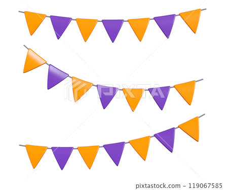 Halloween party bunting flags garland - 3d render illustration set of orange and purple triangle decorative paper flag on rope for autumn holiday border decoration. Long pennant chain string. 119067585