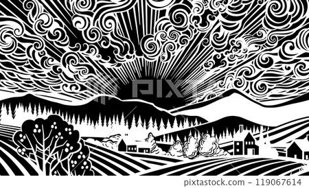 Fields Rolling Hills Sunrise Farm Land Background Fields Rolling Hills Sunrise Farm Land Background 119067614