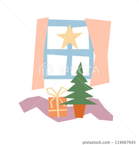 Christmas vector illustration in simple flat style. Window with star, Christmas tree, gift box. Festive winter composition for cards. Geometric cutout collage, cozy New year celebration design Christmas vector illustration in simple flat style. Window with star, Christmas tree, gift box. Festive winter composition for cards. Geometric cutout collage, cozy New year celebration design 119067693