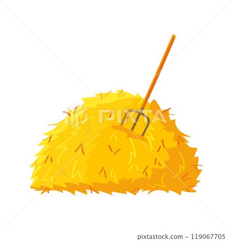 Haystack. Heap of yellow straw with pitchfork. Dry grass bale. Element of agriculture and farming. 119067705