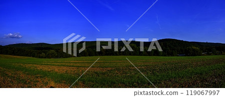 HDR panorama of landscape. czech republic - europe. Beautiful image of nature. Meadow and field with forest. Concept for environment, agriculture and ecology. HDR panorama of landscape. czech republic - europe. Beautiful image of nature. Meadow and field with forest. Concept for environment, agriculture and ecology. 119067997