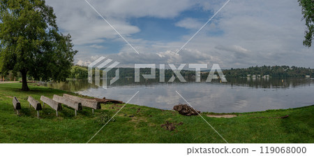 HDR panorama of landscape with water. Brno Dam - Czech Republic - city of Brno. Beautiful shot of nature. Concept for environment and ecology. 119068000