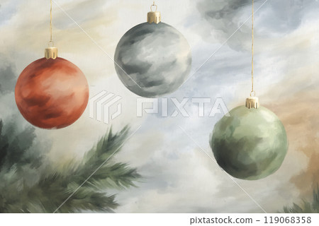 Colorful holiday ornaments hanging against a soft, cloudy background with hints of greenery during the winter season 119068358