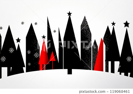 Stylized black and red winter forest with stars and snowflakes on a white backdrop during the holiday season Stylized black and red winter forest with stars and snowflakes on a white backdrop during the holiday season 119068461
