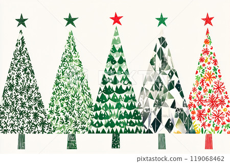 Colorful paper Christmas trees in various styles and patterns arranged in a festive display for the holiday season 119068462