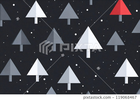 Stylized winter forest pattern featuring various colored trees against a dark background with snowflakes 119068467