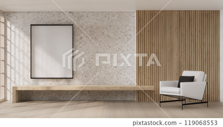 Armchair onEmpty room wabi sabi style. 3D illustration rendering Armchair onEmpty room wabi sabi style. 3D illustration rendering 119068553