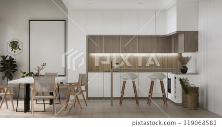kitchen room dining table grey wall wood floor. 3d rendering 119068581