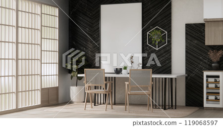 kitchen room dining table grey wall wood floor. 3d rendering kitchen room dining table grey wall wood floor. 3d rendering 119068597