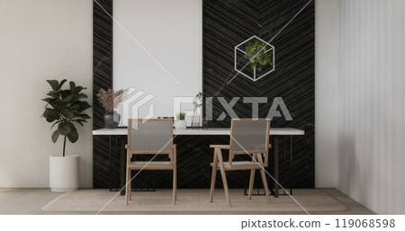 kitchen room dining table grey wall wood floor. 3d rendering kitchen room dining table grey wall wood floor. 3d rendering 119068598
