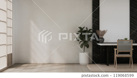 kitchen room dining table grey wall wood floor. 3d rendering kitchen room dining table grey wall wood floor. 3d rendering 119068599