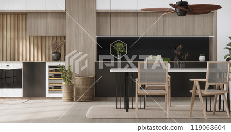 kitchen room dining table grey wall wood floor. 3d rendering 119068604