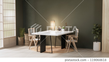 kitchen room dining table grey wall wood floor. 3d rendering kitchen room dining table grey wall wood floor. 3d rendering 119068618