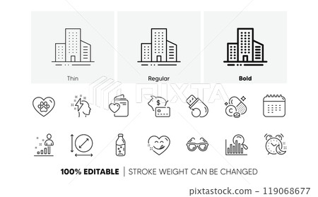 Buildings, Circle area and Brainstorming line icons. Pack of Piggy bank, Vitamin c, Alarm icon. Yummy smile, Flash memory, Water bottle pictogram. Love document, Calendar, Sunglasses. Vector 119068677