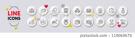 Yoga, Winner podium and Timer line icons. White buttons 3d icons. Pack of Honor, Vegetables, Diploma icon. Mountain bike, Stop fishing, Timer app pictogram. Medal, Arena stadium, Dumbbell. Vector 119068679