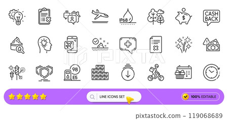 Moisturizing cream, Scroll down and Fireworks rocket line icons for web app. Pack of Petrol station, Flight mode, Shields pictogram icons. Medical chat, Christmas calendar. Search bar. Vector 119068689