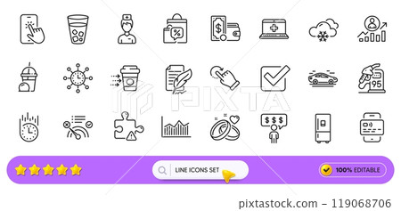 Medical help, Coffee delivery and Card line icons for web app. Pack of Snow weather, Rotation gesture, Wallet money pictogram icons. Phone touch, Car, Ice cream milkshake signs. Search bar. Vector 119068706