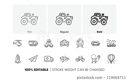Taxi, Helicopter and Train. Transport line icons. Airplane linear icon set. Line icons set. Vector 119068711