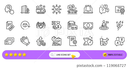 Reject certificate, Lightning bolt and Chemistry lab line icons for web app. Pack of Leadership, Return package, Question bubbles pictogram icons. Technical documentation, Card. Search bar. Vector 119068727