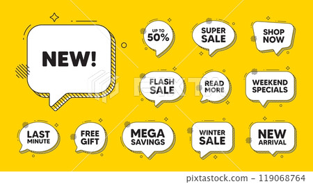 Offer speech bubble icons. New tag. Special offer sign. New arrival symbol. Arrivals chat offer. Speech bubble discount banner. Text box balloon. Vector Offer speech bubble icons. New tag. Special offer sign. New arrival symbol. Arrivals chat offer. Speech bubble discount banner. Text box balloon. Vector 119068764