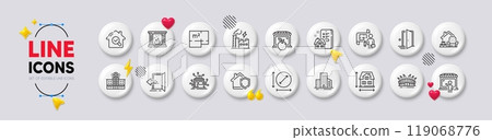 House dimension, Plan and Hospital building line icons. White buttons 3d icons. Pack of Floor plan, Door, Inspect icon. Market, Packing things, Home insurance pictogram. Vector 119068776