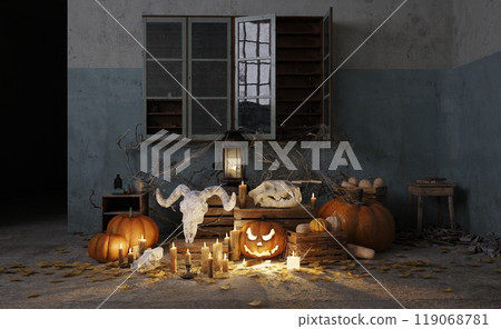 Spooky Halloween scene with skulls, pumpkins, Spooky Halloween scene with skulls, pumpkins, 119068781