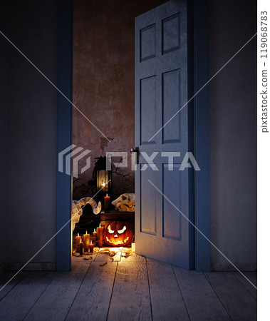 Spooky Halloween scene with skulls, pumpkins, 119068783