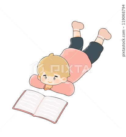 Boy lying down and reading a book 119068794