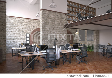 Industrial office with brick walls and modern decor 119068822