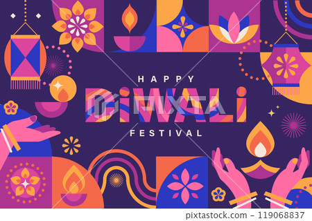 Diwali festival banner, card with holiday symbols. 119068837