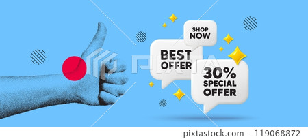 Hand showing thumb up like sign. 30 percent discount offer tag. Sale price promo sign. Special offer symbol. Discount chat 3d speech bubble. Grain dots hand. Like thumb up sign. Shop now. Vector 119068872