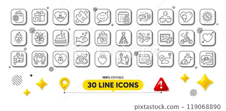 Christmas tree, Airplane travel and Love line icons pack. 3d design elements. Journey, Sunglasses, Cyclist web icon. Fireworks, Say yes, Love couple pictogram. Message, Sleep, Heart flame. Vector 119068890