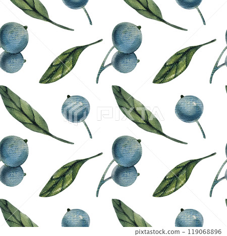 Seamless pattern with watercolor blueberry branches, botanical illustration featuring green leaves and berries. Ideal for natural designs, organic products, decor. Soft, detailed, realistic artwork. 119068896